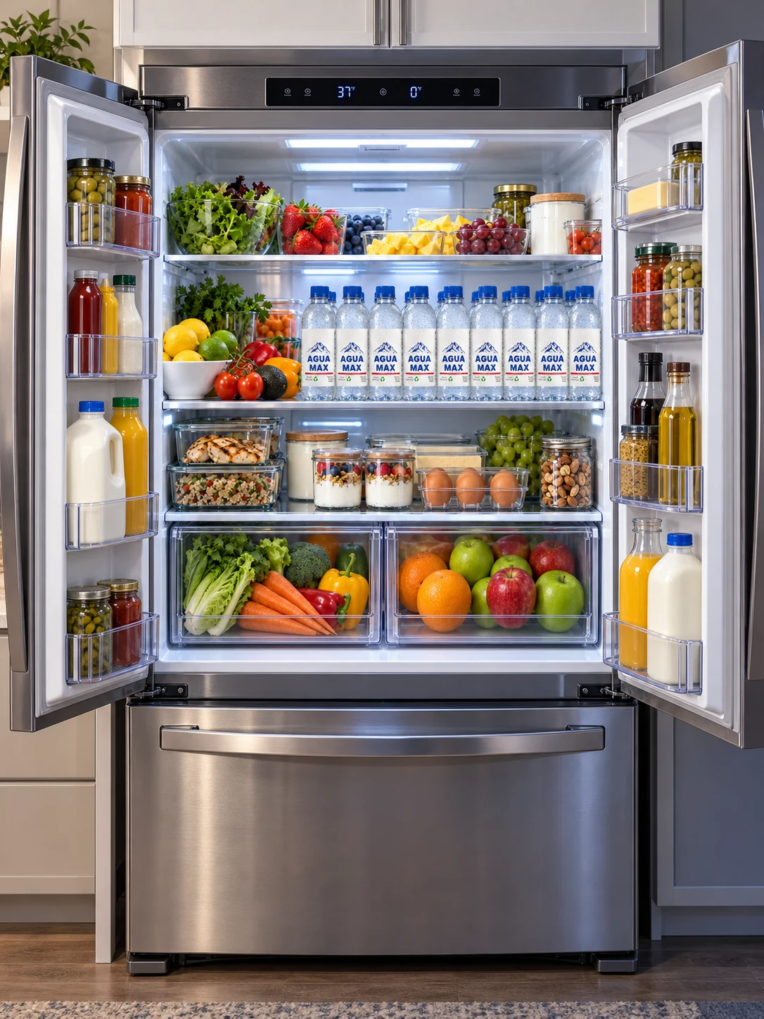 Refrigerador familiar completo y recién surtido con botellas Agua Max ordenadas y listas para tomar