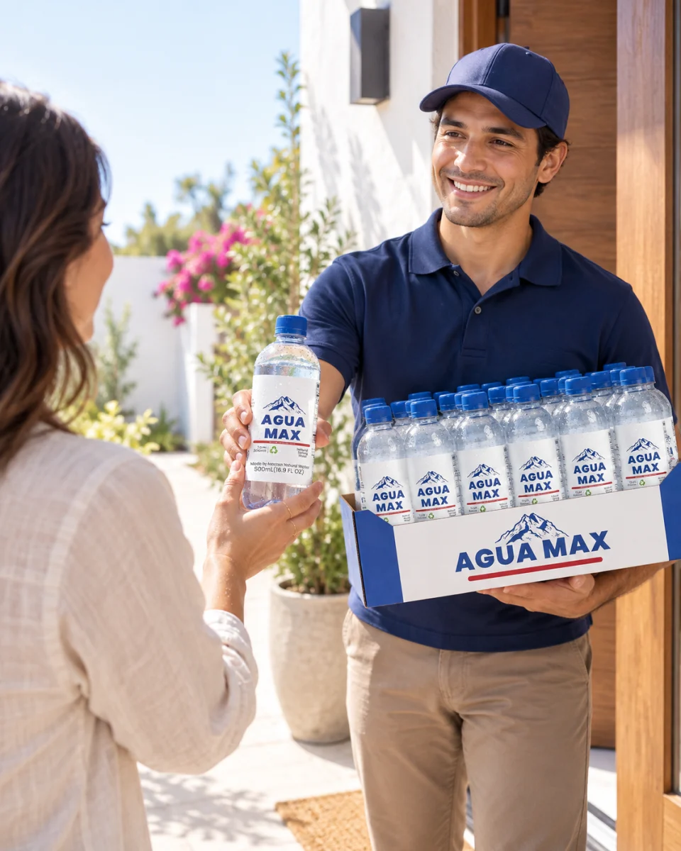 Entrega de una caja Agua Max en la puerta de un hogar