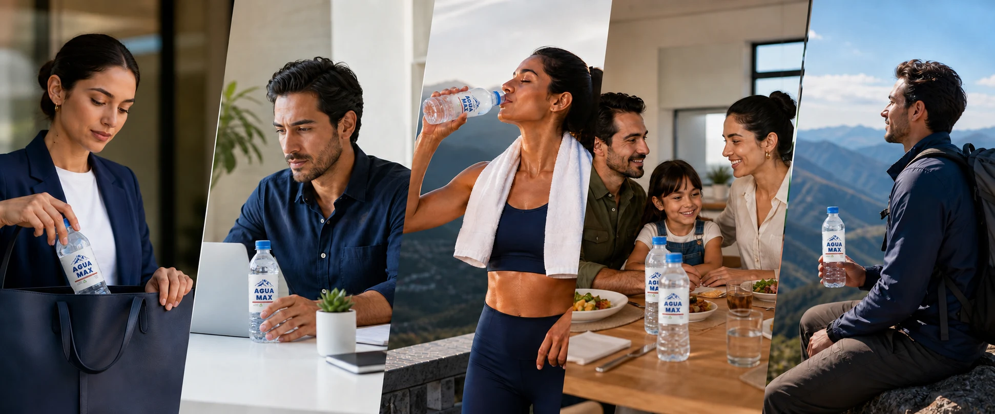 Momentos de hidratación con botellas Agua Max en la oficina, el entrenamiento, el hogar y la montaña