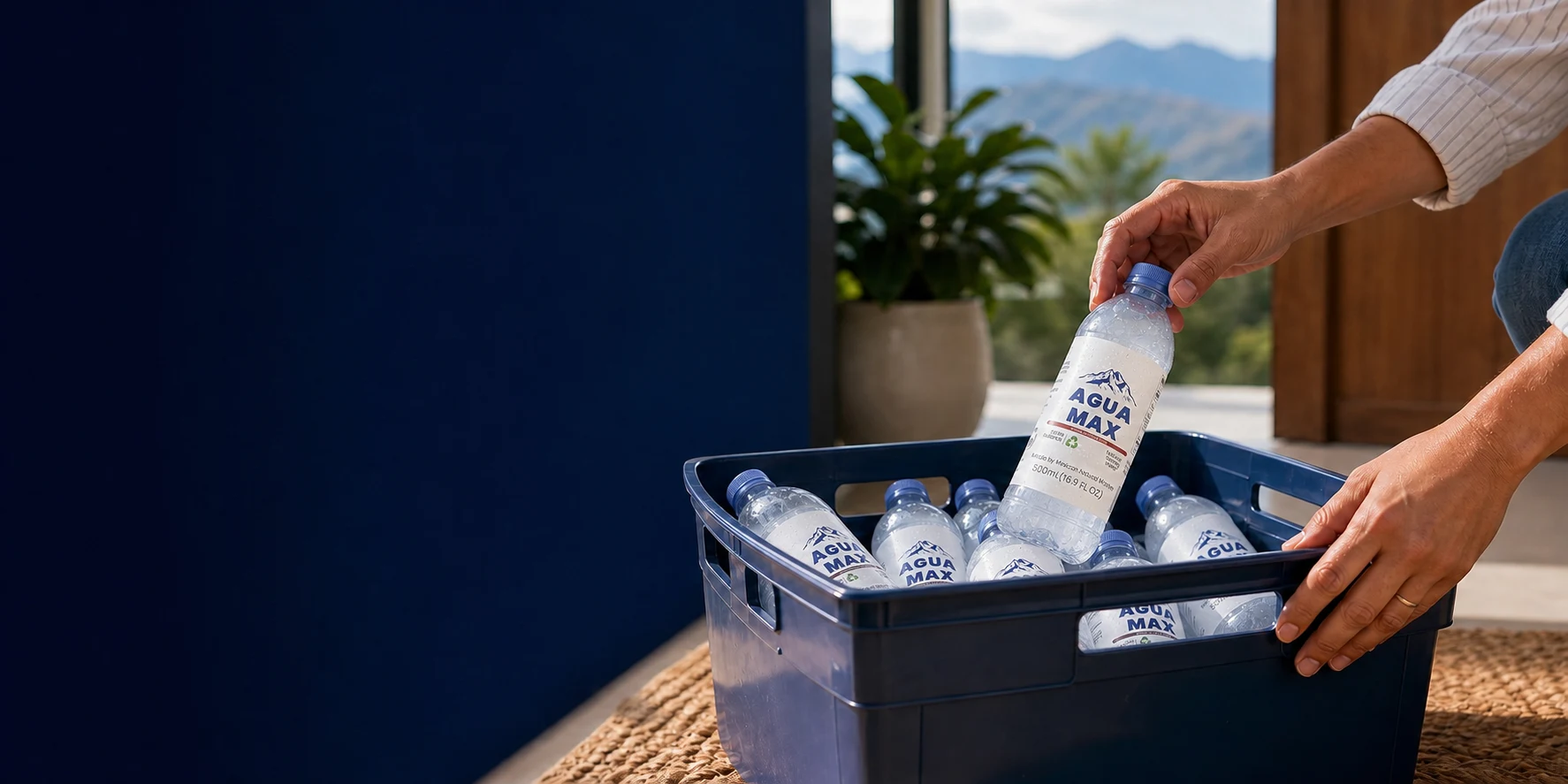 Caja retornable con botellas Agua Max preparadas para devolución